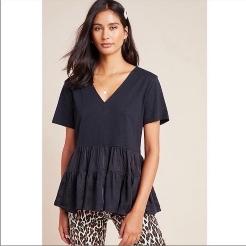 Maeve Anthropologie Louisa Tiered Tee V Neck‎ Black Peplum